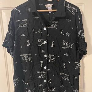 Coldwater Creek Black Button-Up Top with White Sketch Print